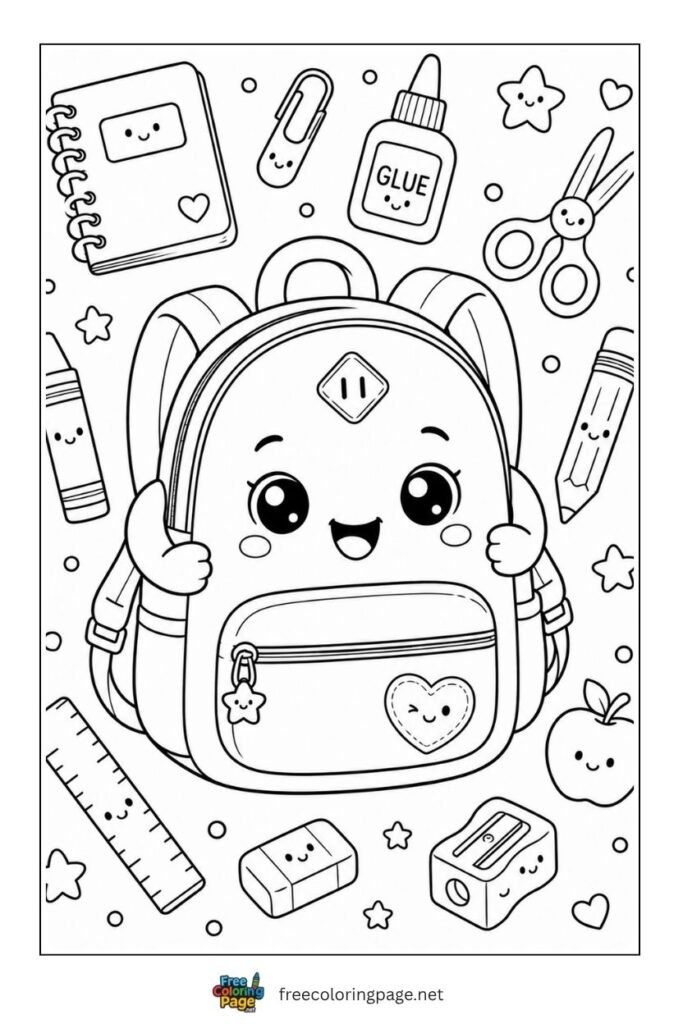 kawaii backpack coloring page with accessories