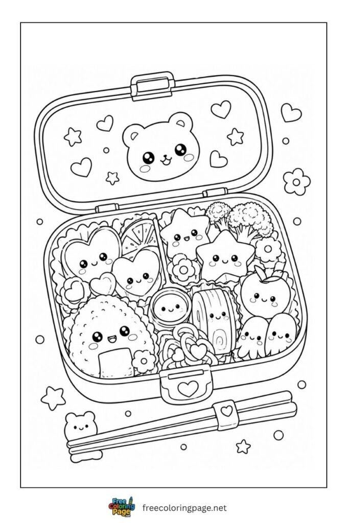 kawaii bento lunchbox coloring page for kids
