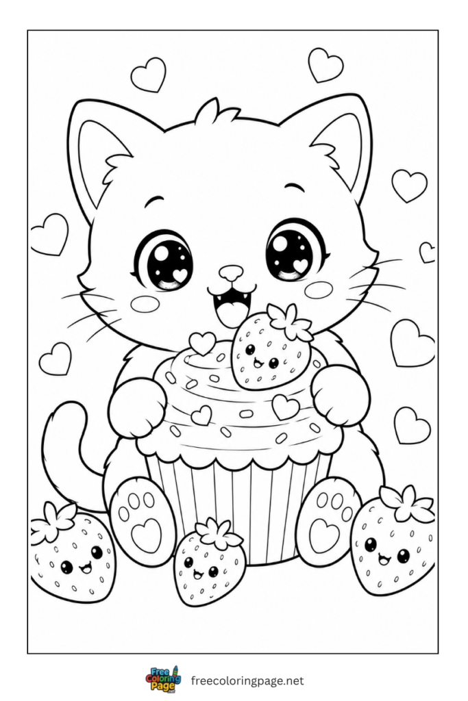 coloring page of cute kawaii kitten with cupcake