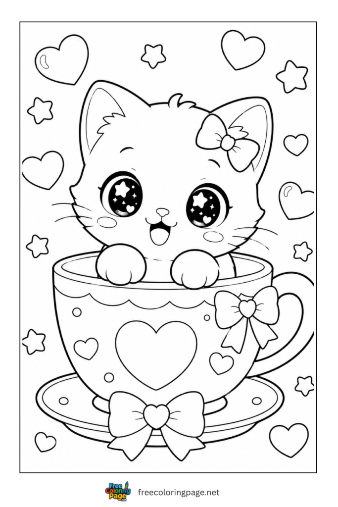 coloring page of kawaii kitten in teacup