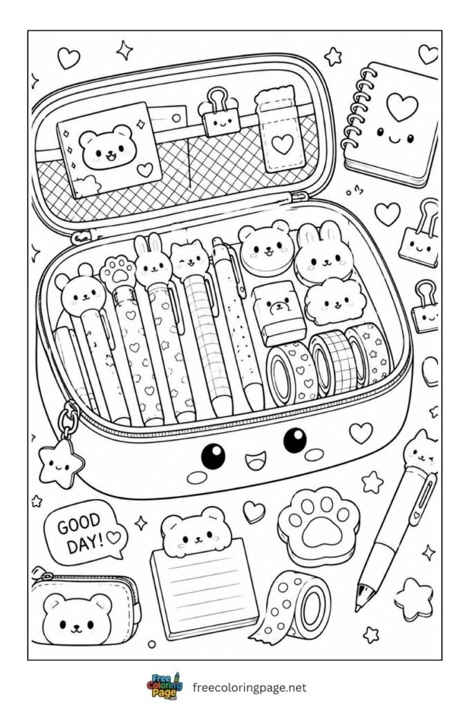 cute kawaii pencil case coloring page