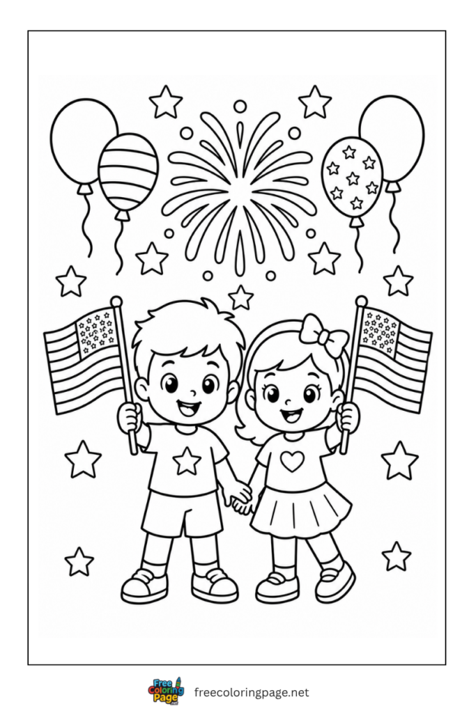 coloring page of kids with usa flags on 4th of july