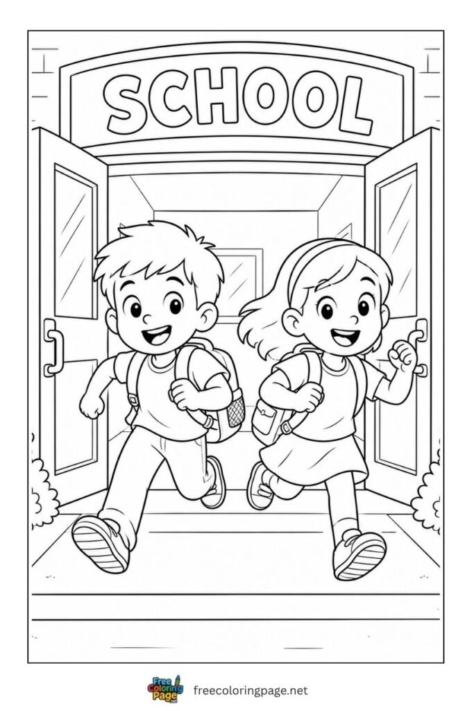 kids running from school ccoloring page