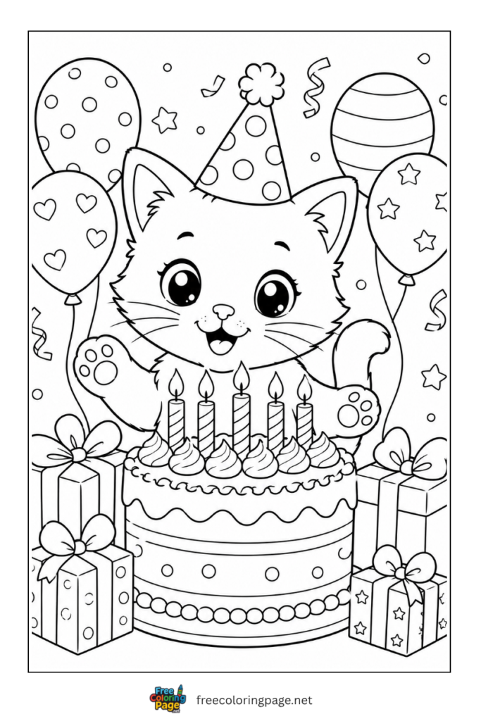 coloring page of kitten with birthday cake