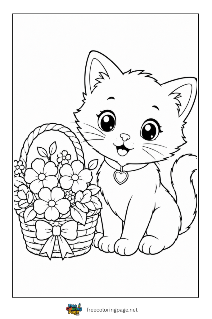 coloring page of kitten cat with flowers basket