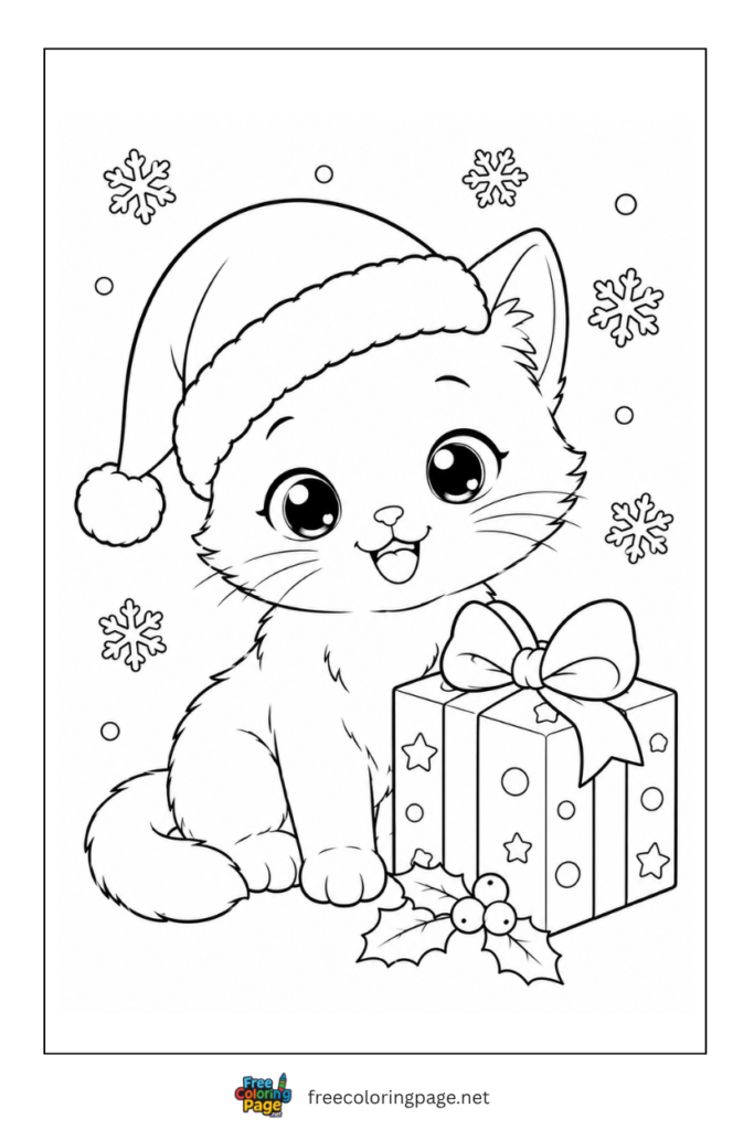 coloring page of kitten wearing santa hat on christmas