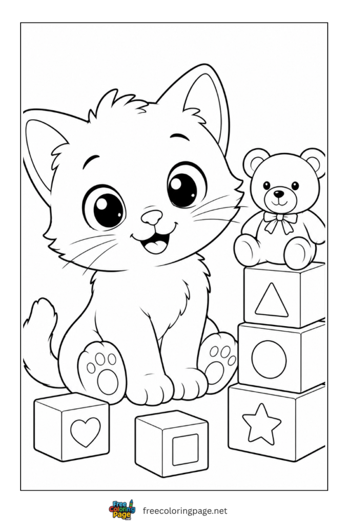 coloring page of kitten with blocks 