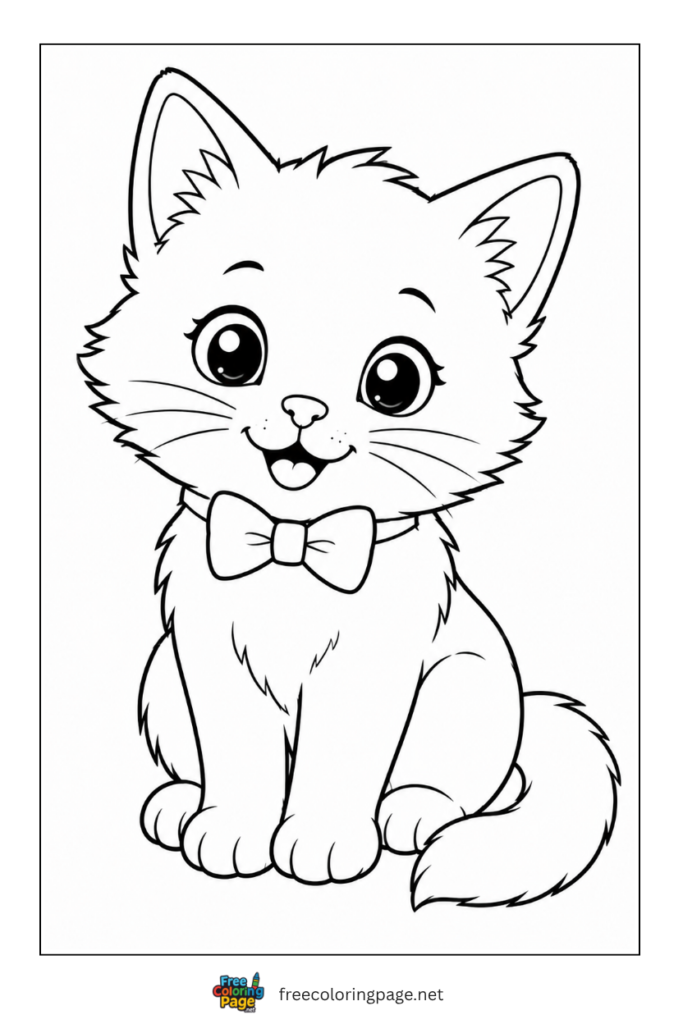 coloring page of cute kitten wearing bow
