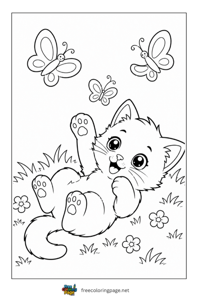 coloring page of kitten playing with butterflies