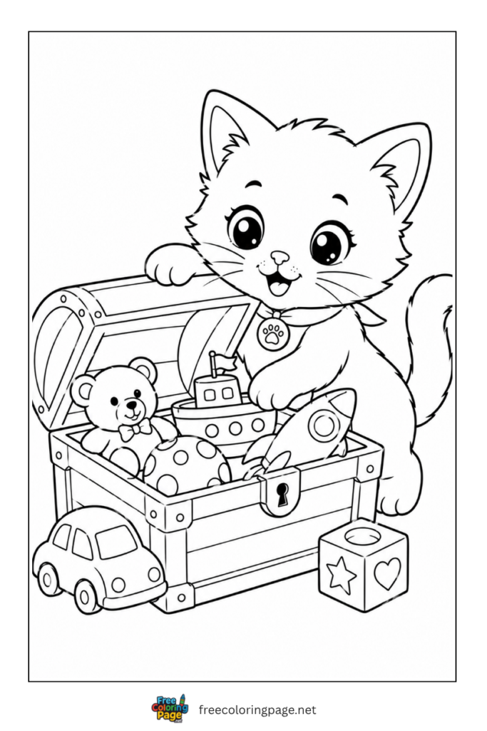 coloring page of kitten exploring treasure chest