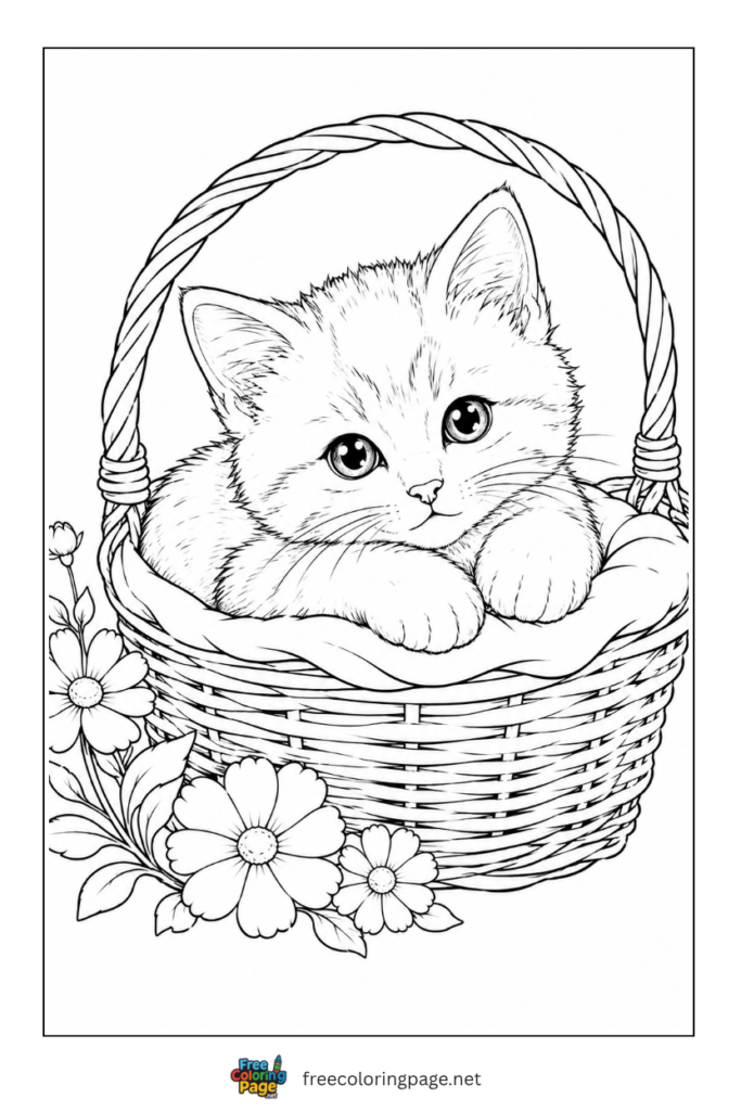 coloring page of real kitten in basket