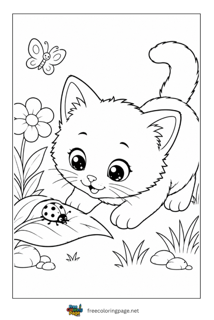 coloring page of explorer kitten in garden