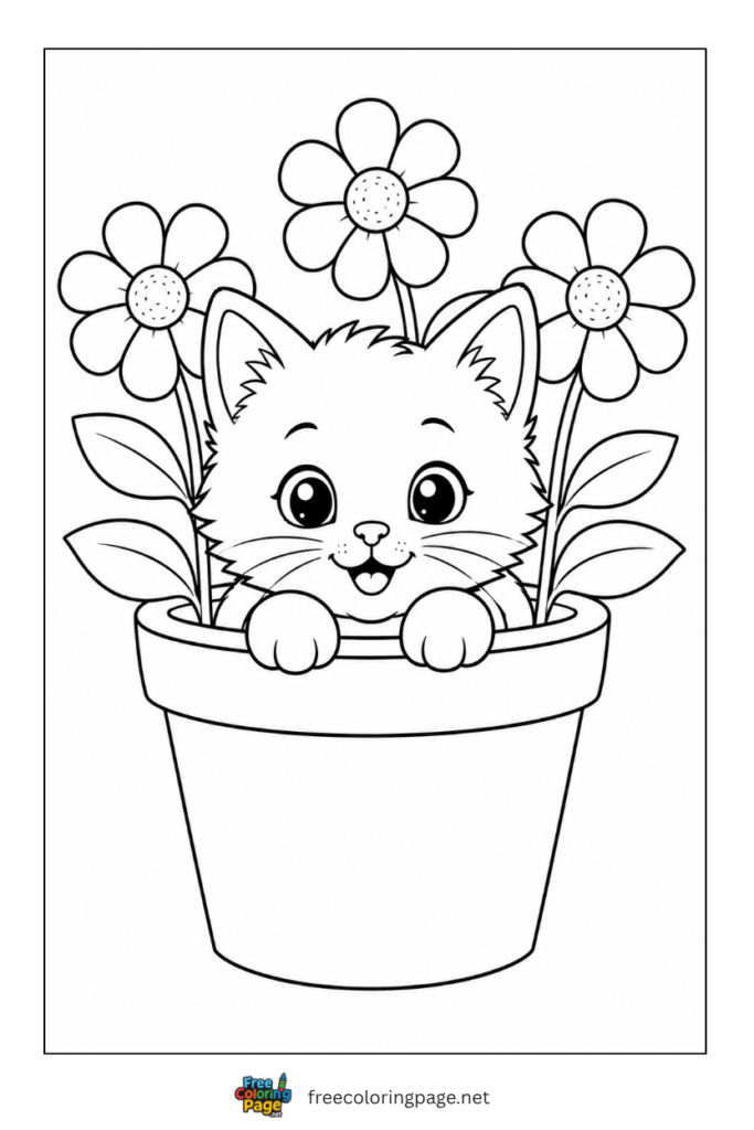 coloring page of kitten in plant pot smiling