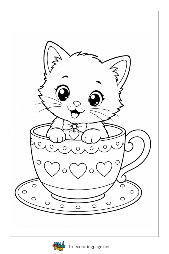 coloring page of kitten in teacup