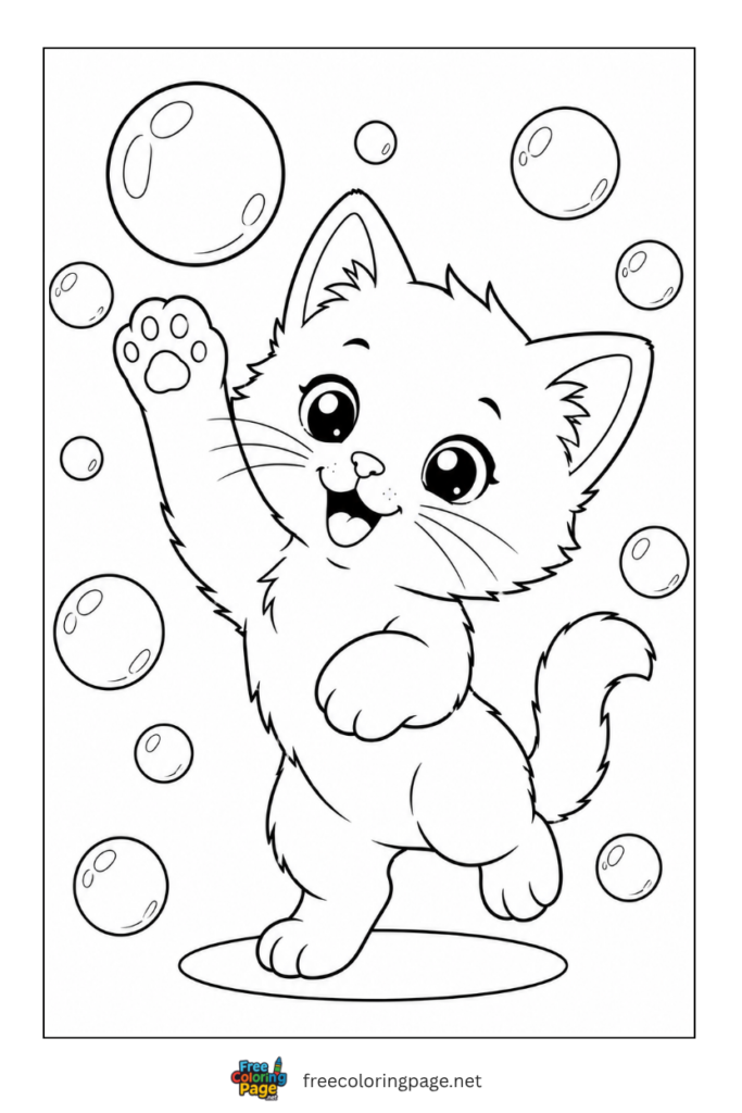 coloring page of kitten playing with bubbles
