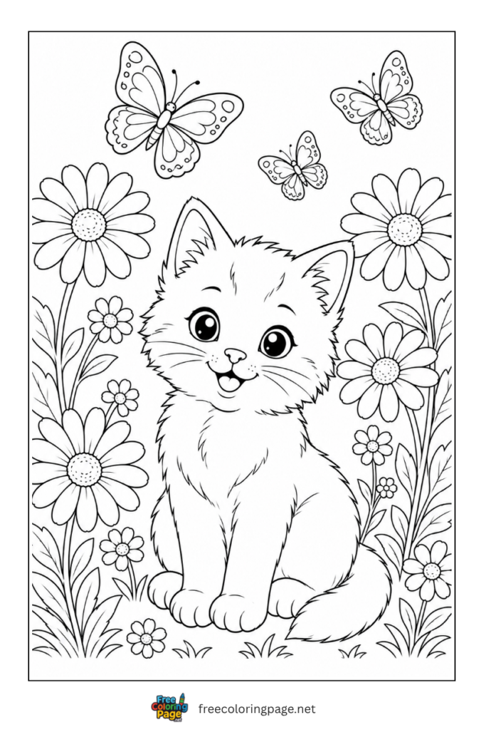coloring page of realistic kitten sitting with flowers