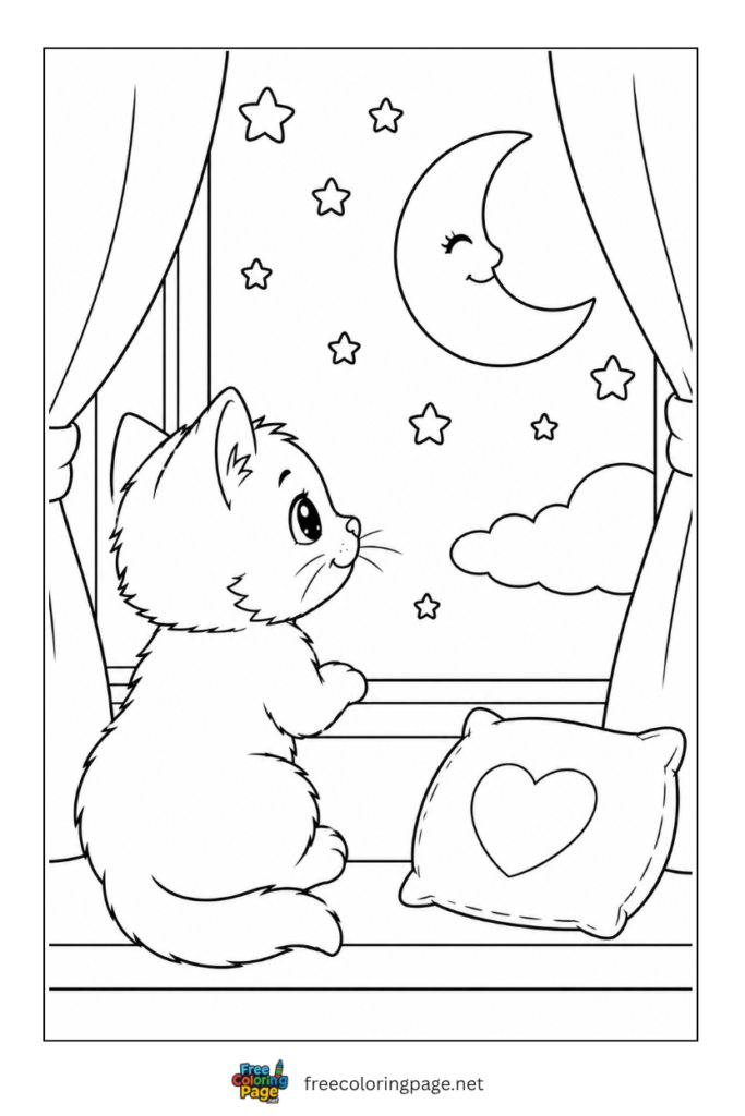 coloring page of kitten watching cresent moon