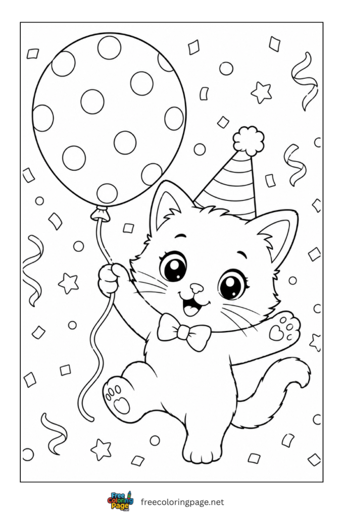 coloring page of kitten bithday celebration with baloons