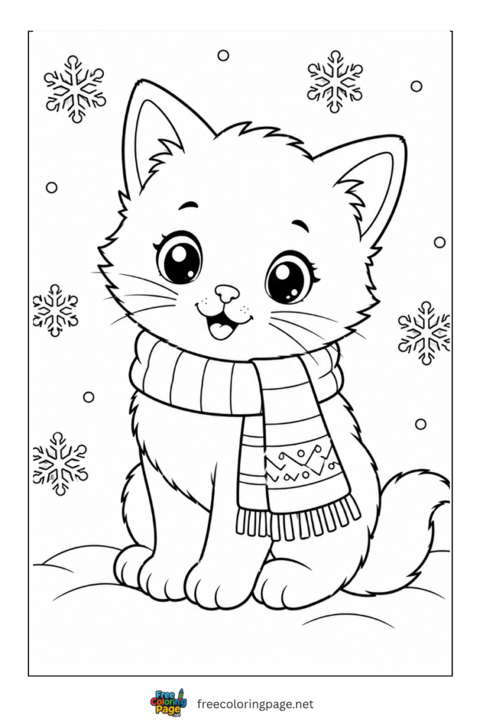 coloring page of kitten wearing winter scarf in snowfall