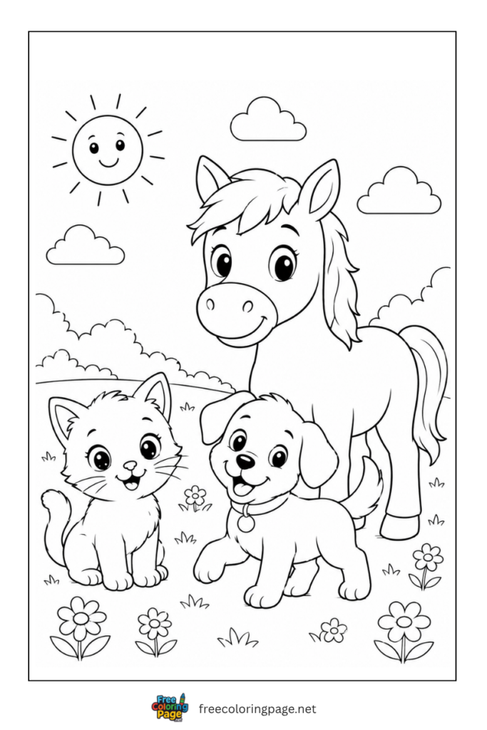 coloring page of kitten with puppy and horse
