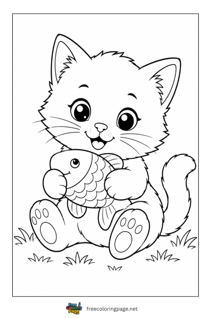 coloring page of kitten playing with toy