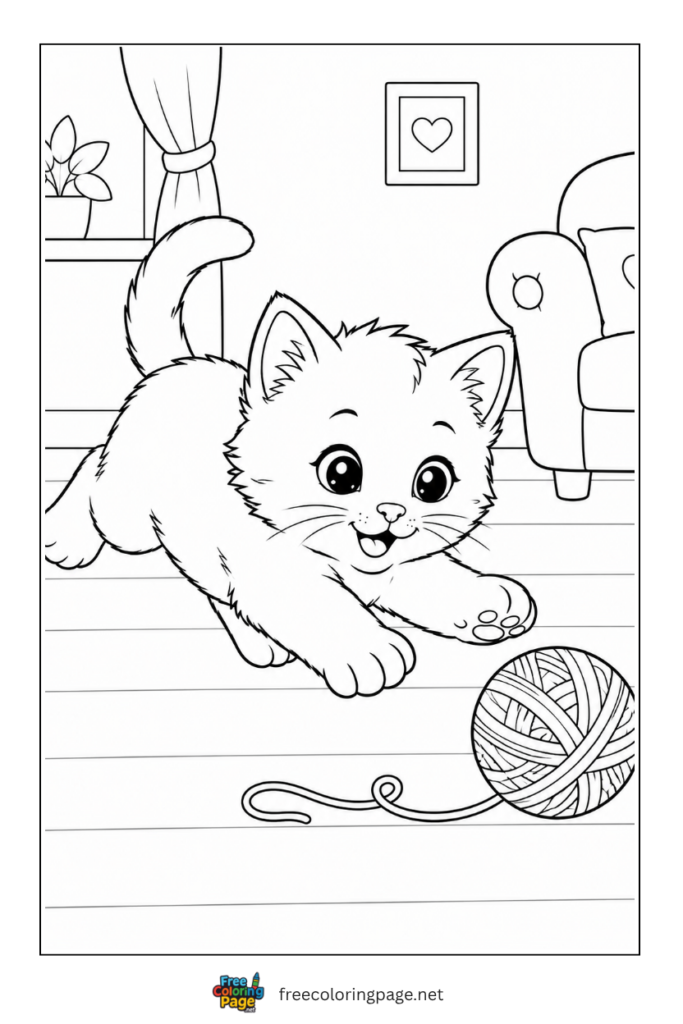 coloring page of kitten playing with yarn