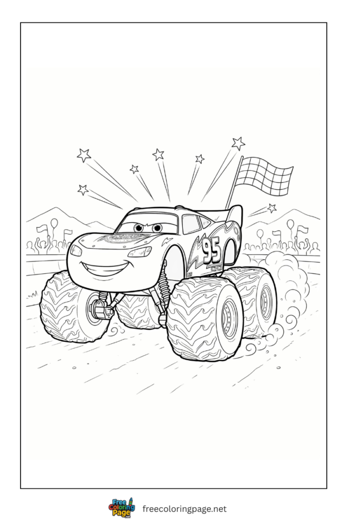 coloring page of monster truck light mcqueen winning moment