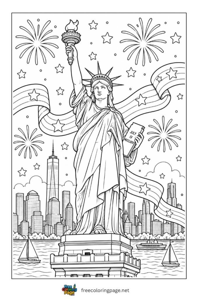 coloring page of majestic statue of liberty on 4th july
