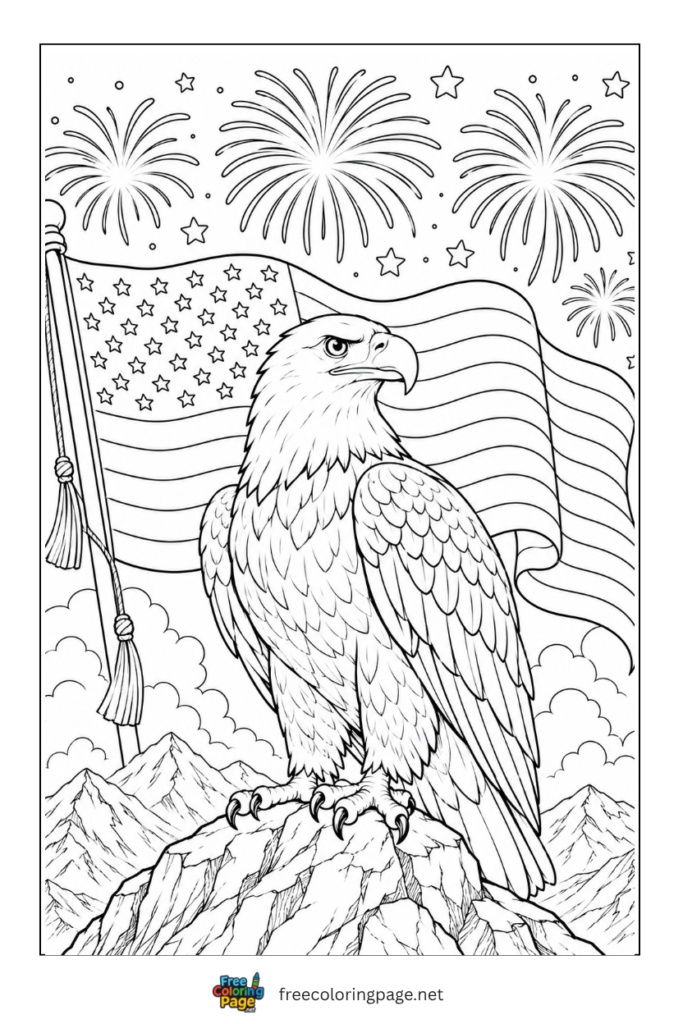 coloring page of large bald eagle with USA flag