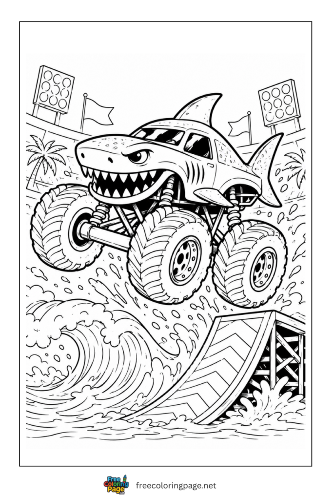 coloring page of megalodon monster truck ramp jump