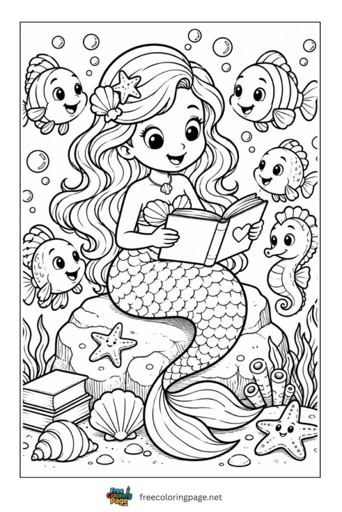 mermaid reading book coloring page