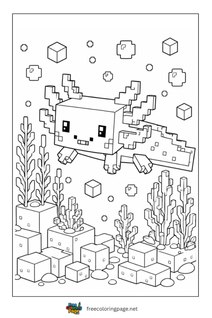 pixalated axolotl under water- Minecraft adventure