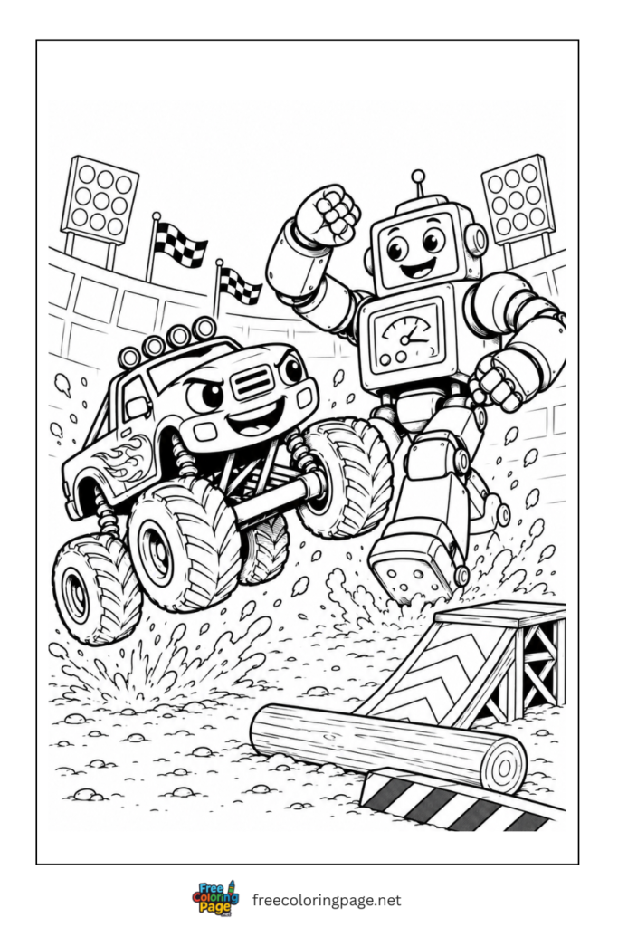 coloring page of monster truck and robot
