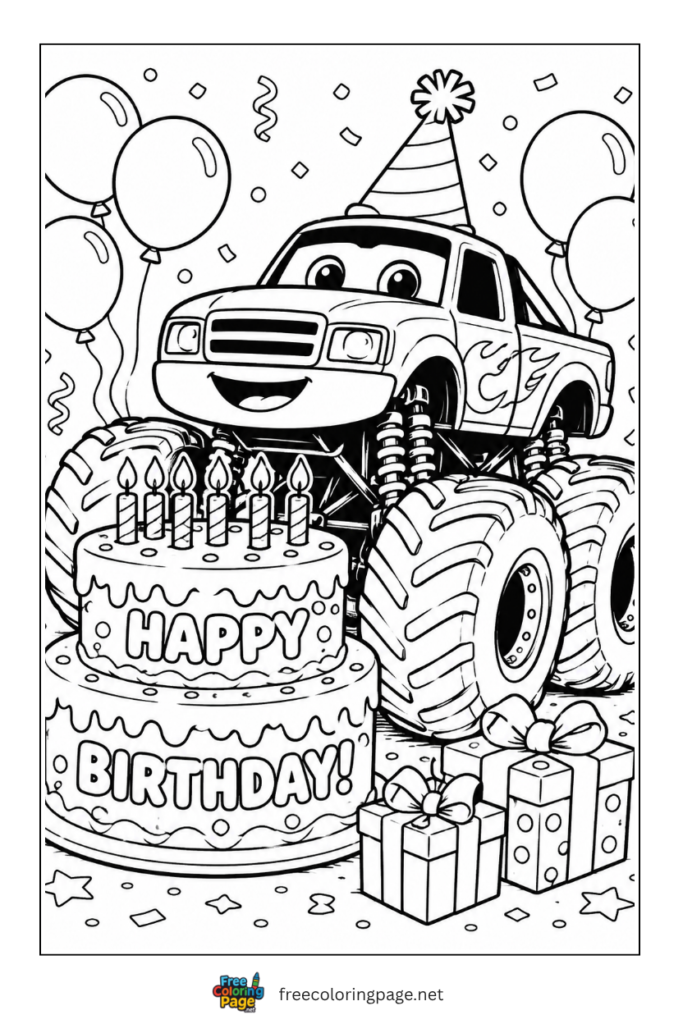 coloring page of  monster truck and birthday cake