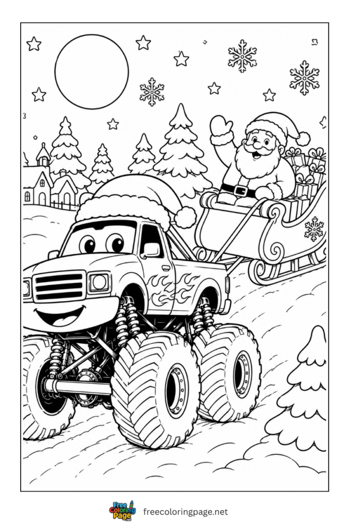 coloring page of monster truck carrying christmas sleigh