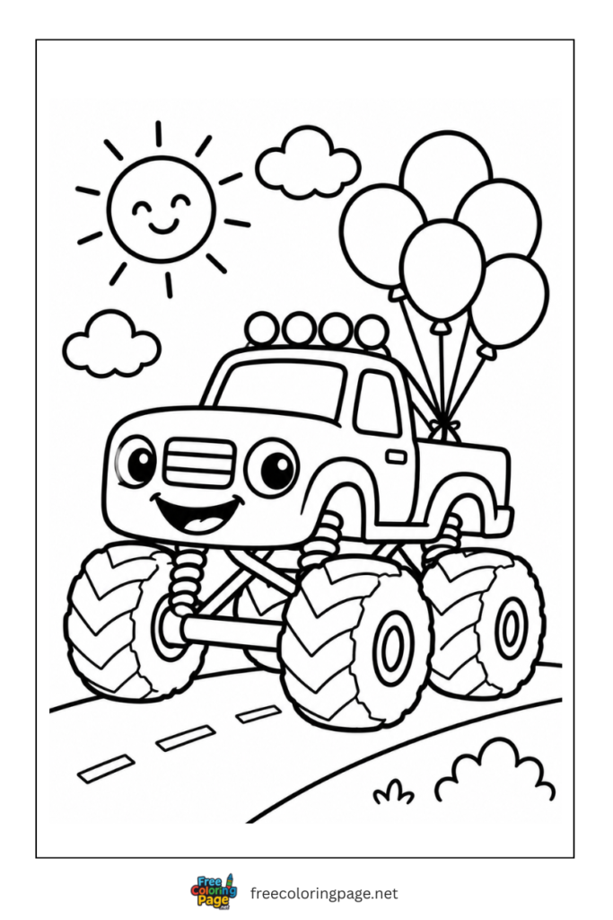 coloring page of monster truck carrying balloons