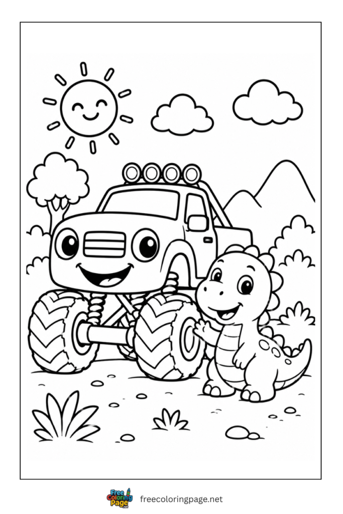 coloring page of cute dinosaur with monster truck