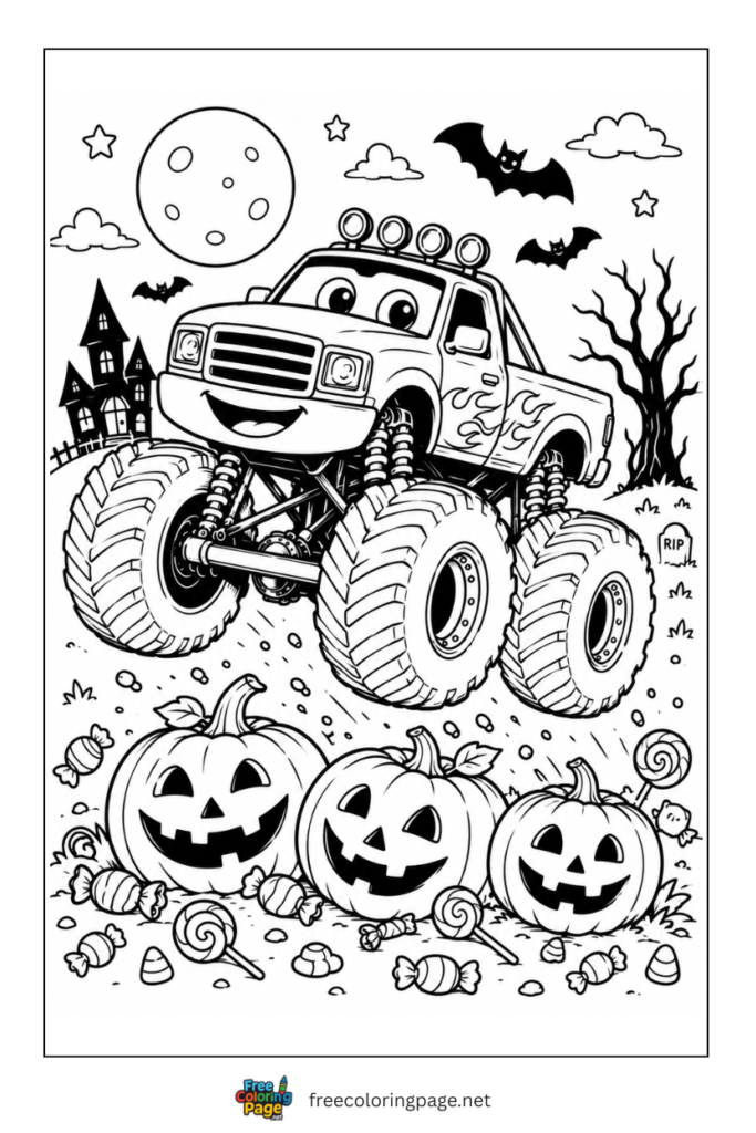 coloring page of monster truck in halloween