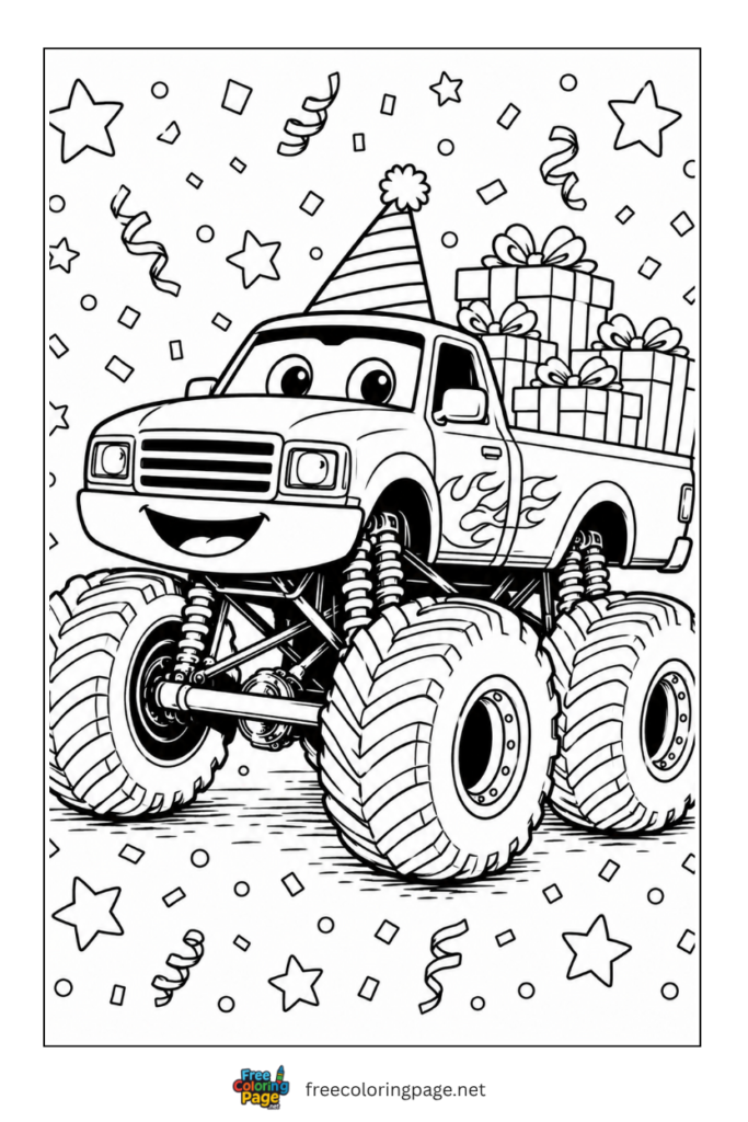coloring page of monster truck happy birthday