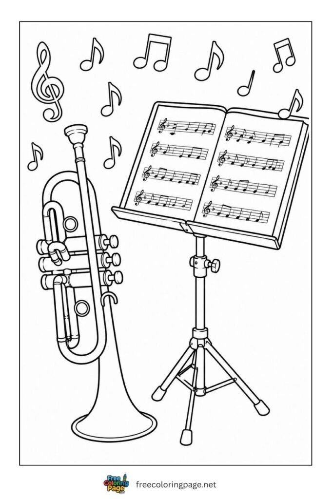 music class trumpet coloring page- kids fun
