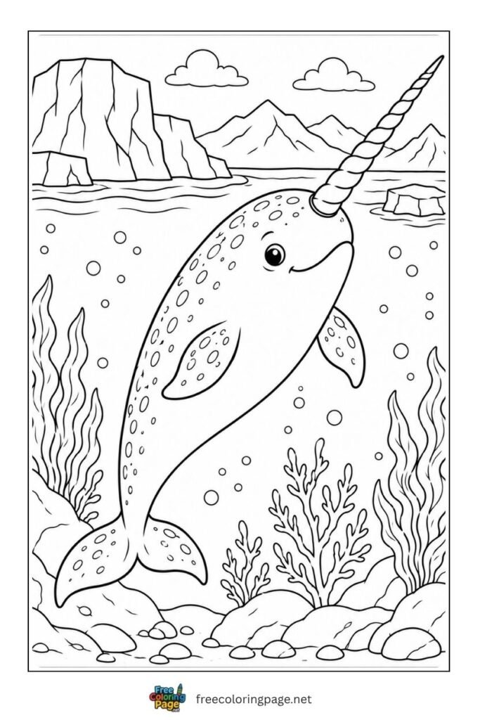 narwhal spiral tusk coloring page- sea animals