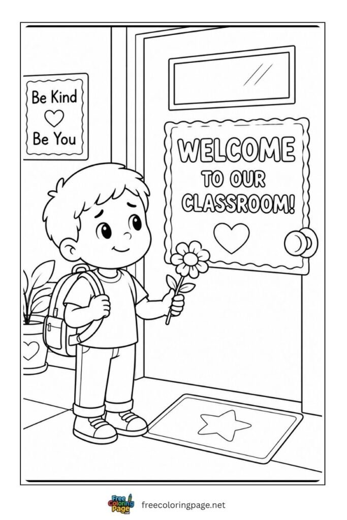 new classroom door coloring page- kid with flower