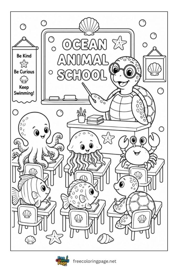 ocean animals school classroom coloring page- celebration fun