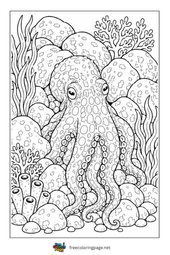 octopus camouflag rocks coloring page- for adults 