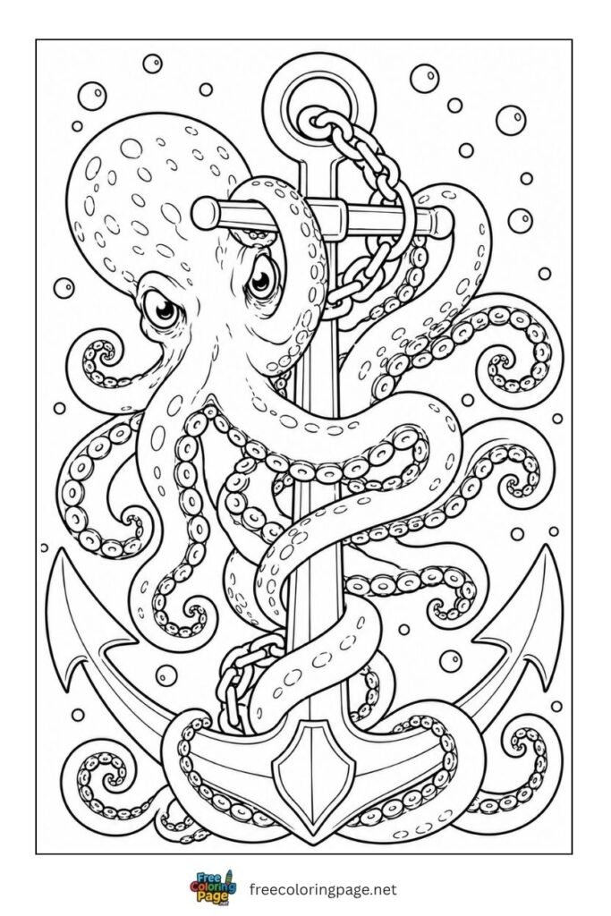 octopus entangled anchor coloring page- ocean life