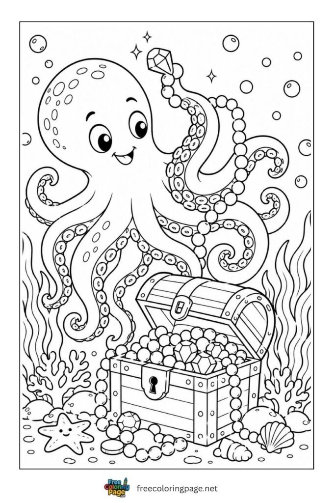 octous treasure chest coloring page- ocean life