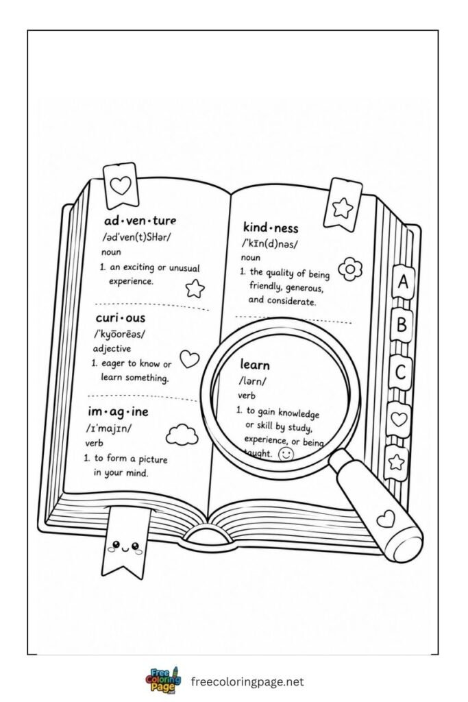 open dictionary with magnifying glass coloring page