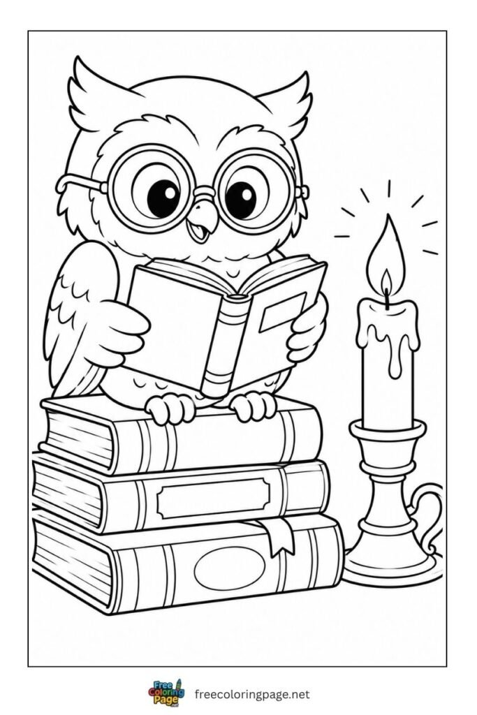 Owl reading book coloring page- sitting on book stack