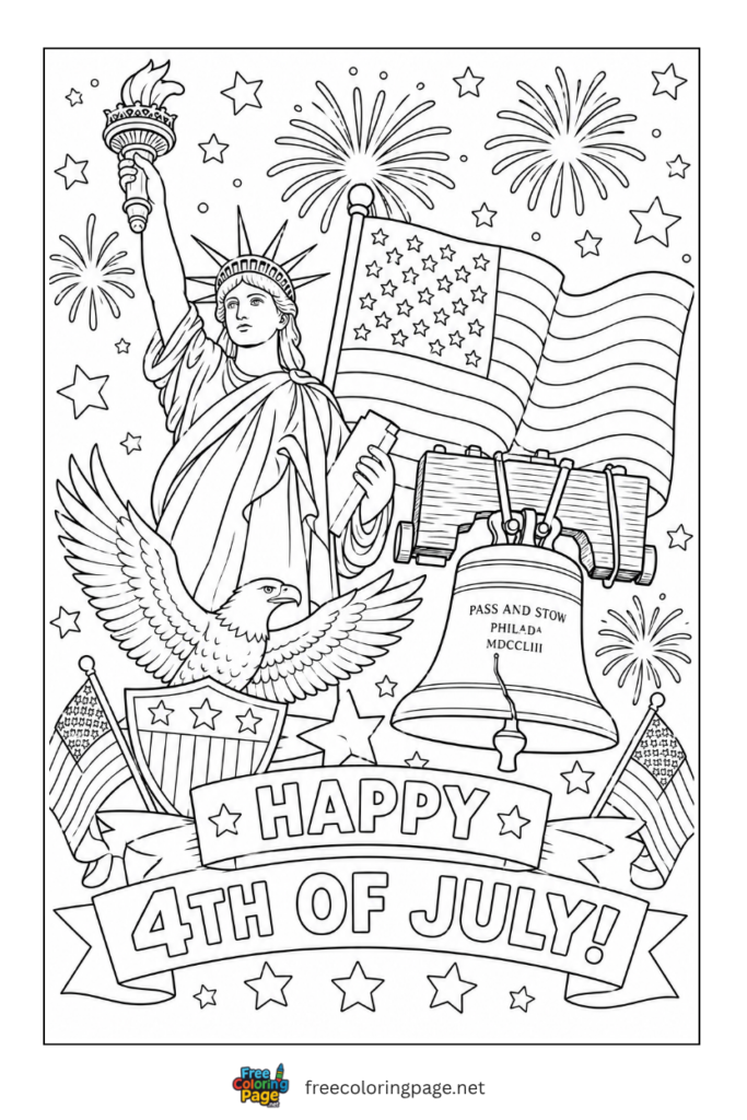 coloring page of patriotic symbols collage of 4th july