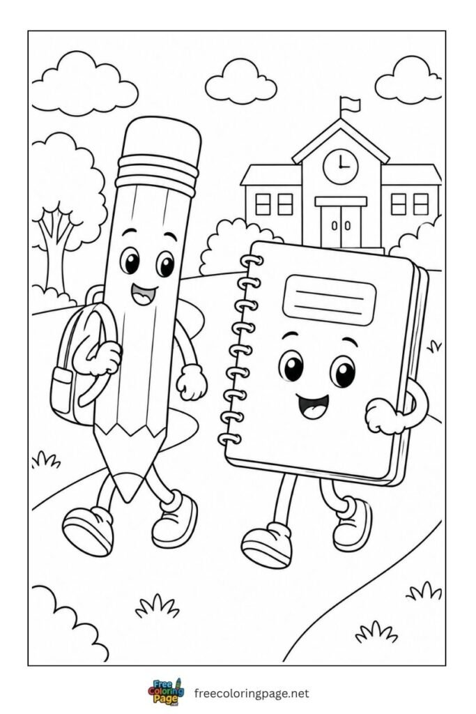 pencil and notebook characters coloring page- back to school